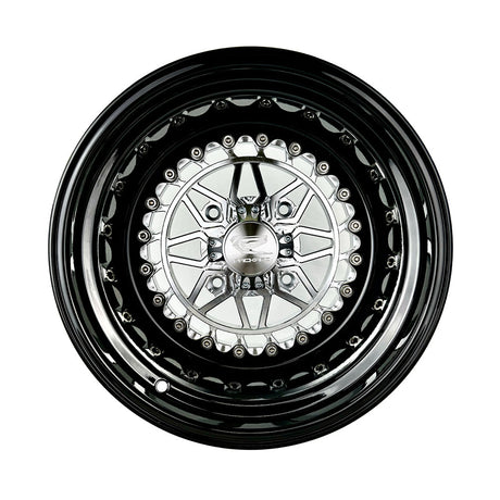 Angled view of a Packard Apollo silver non-beadlock UTV wheel with a black barrel.