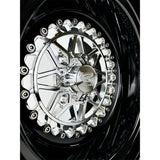 Close-up of a Packard Apollo silver non-beadlock UTV wheel with a black barrel.