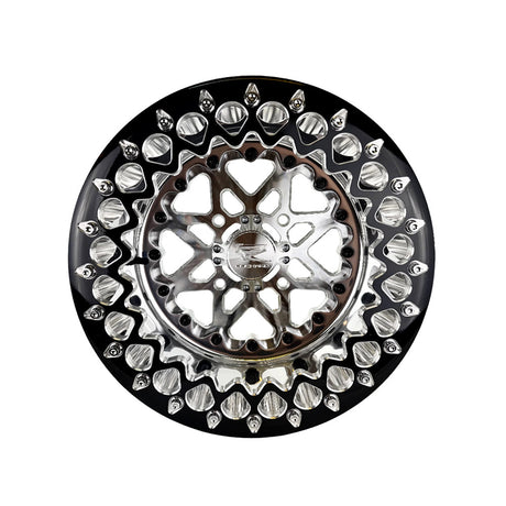Angled view of a Packard V2 Super Star silver beadlock UTV wheel with a polished barrel.