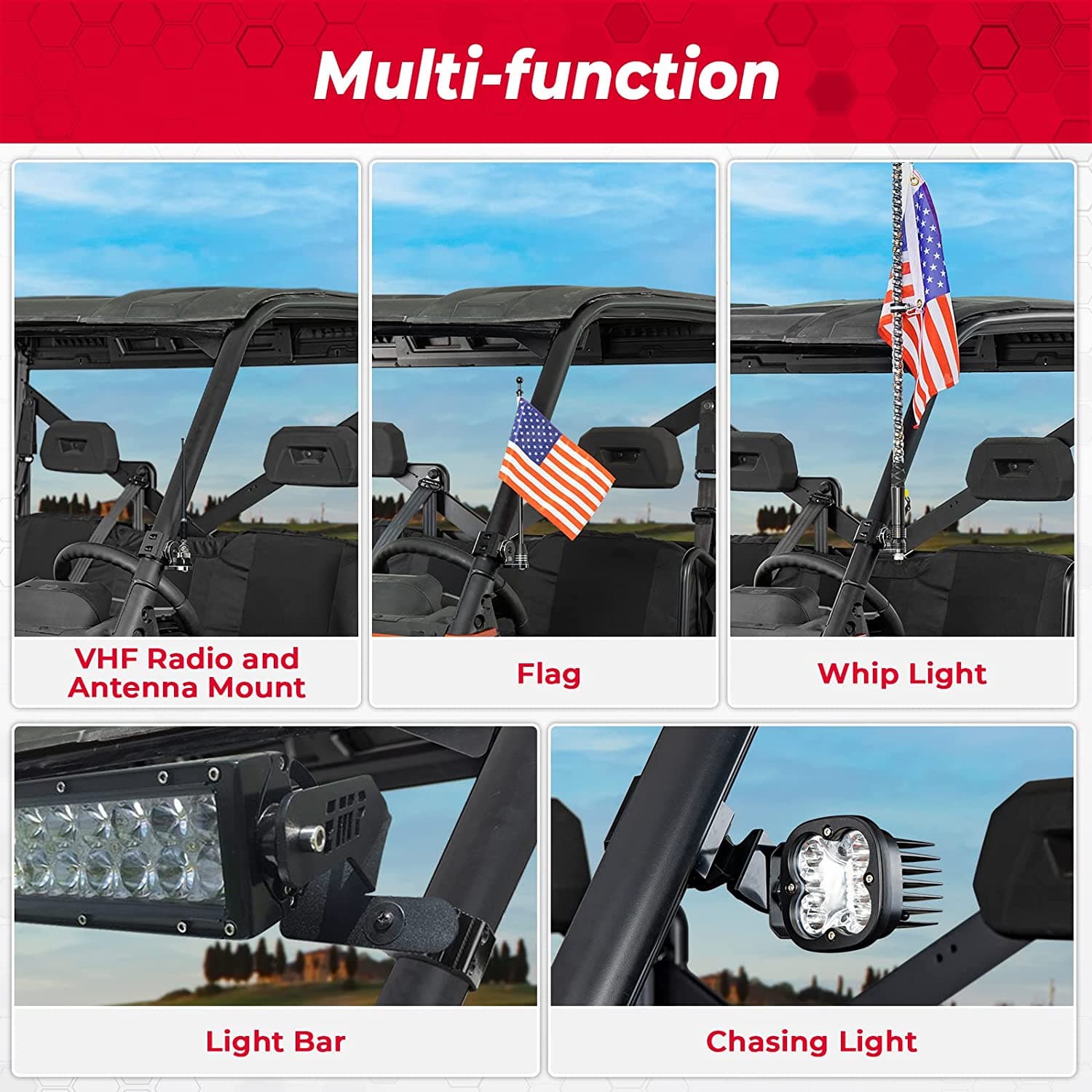 Photo of UTV Whip Light Flag Mount for Pro-fit Cage by Kemimoto - Premium for UTVs / Side by Sides