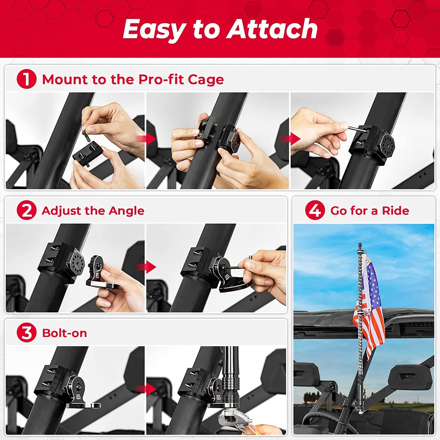 Photo of UTV Whip Light Flag Mount for Pro-fit Cage by Kemimoto - Premium for UTVs / Side by Sides