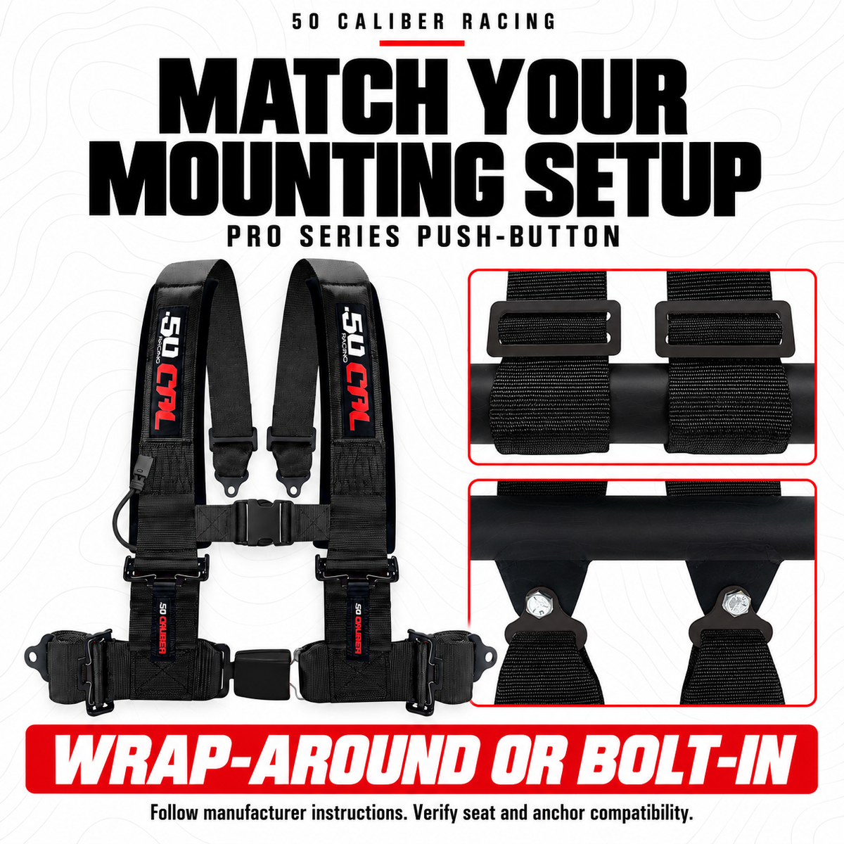 4-Point UTV Harness with Push-Button Release | 50 Caliber Racing — wrap-around and bolt-in mounting options