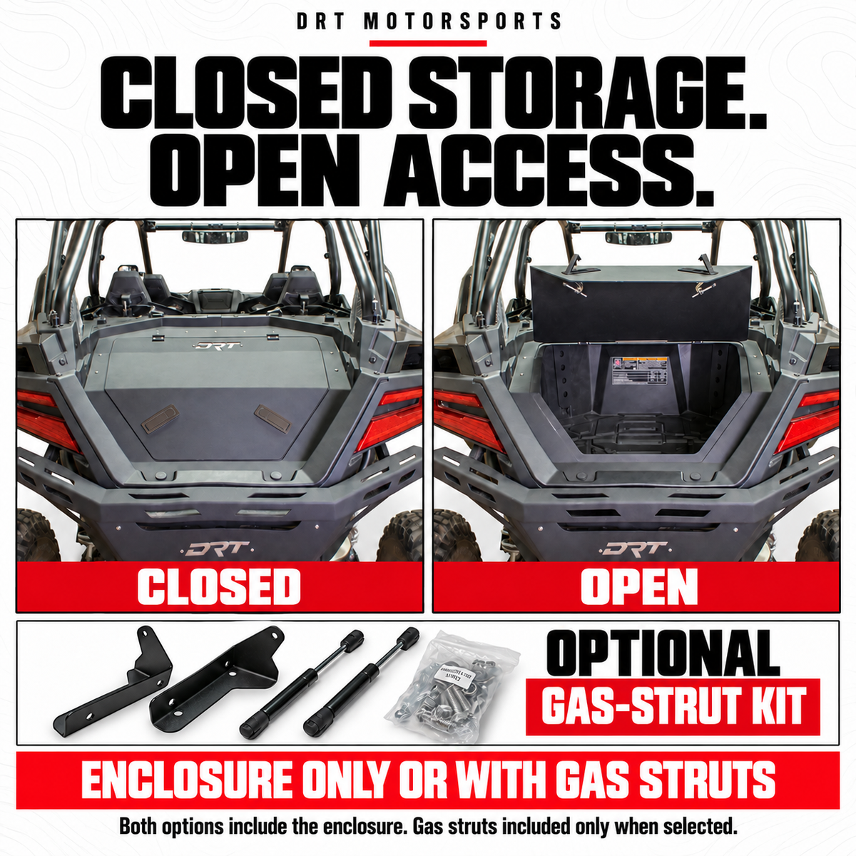DRT RZR trunk open and closed; choose enclosure only or enclosure with gas struts