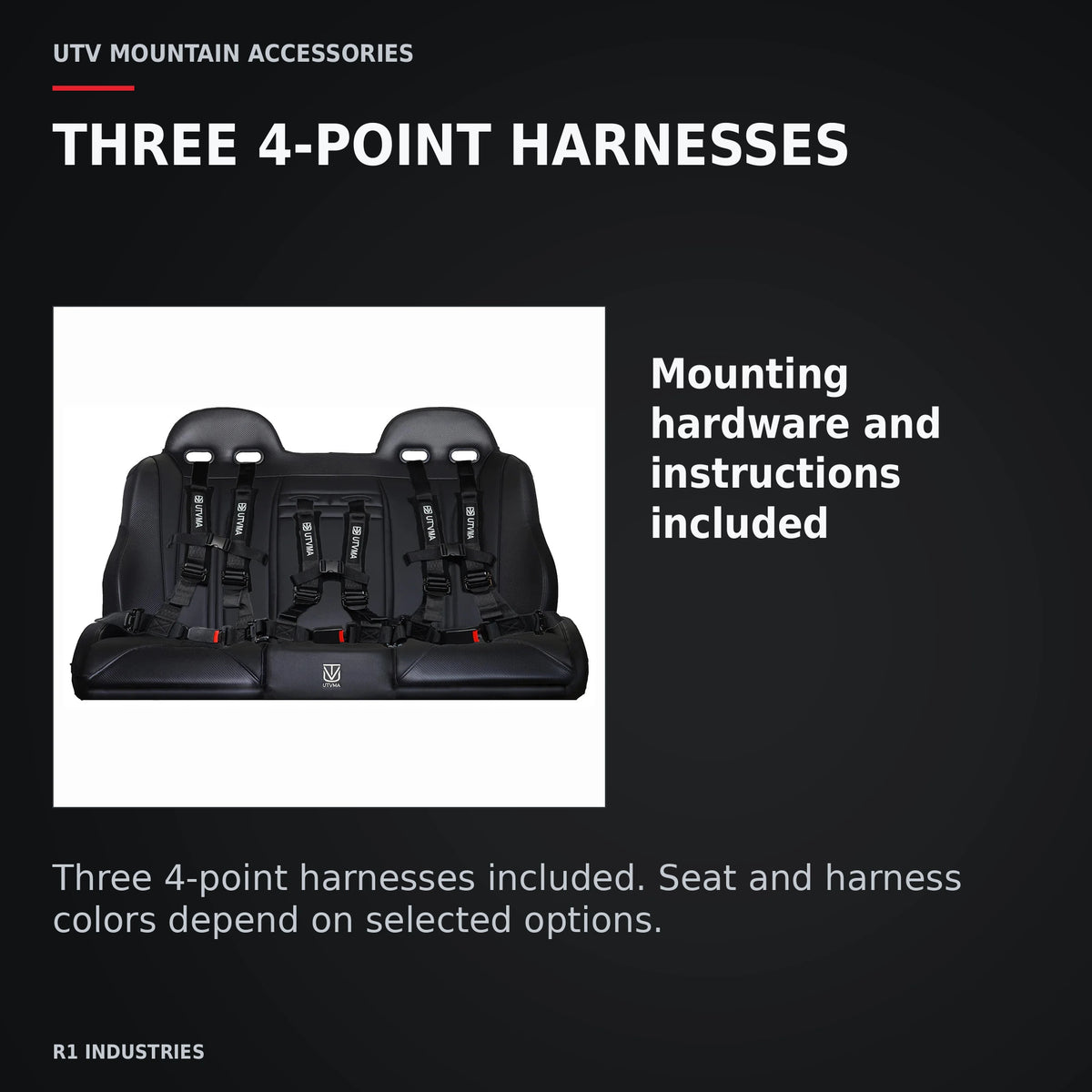 UTVMA RZR Pro XP / Pro R / Turbo R 4 Rear Bench with Harnesses — THREE 4-POINT HARNESSES. Mounting hardware and instructions included