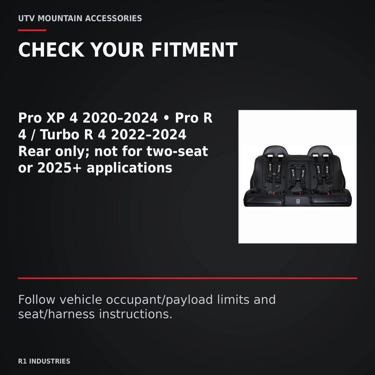 UTVMA RZR Pro XP / Pro R / Turbo R 4 Rear Bench with Harnesses — CHECK YOUR FITMENT. Pro XP 4 2020–2024 • Pro R 4 / Turbo R 4 2022–2024; Rear only; not for two-seat or 2025+ applications