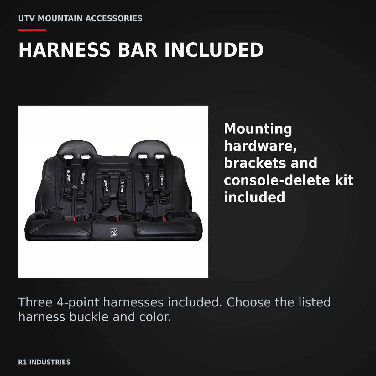 UTVMA Kawasaki KRX 4 Rear Bench Seat with Harnesses (2023+) — HARNESS BAR INCLUDED. Mounting hardware, brackets and console-delete kit included