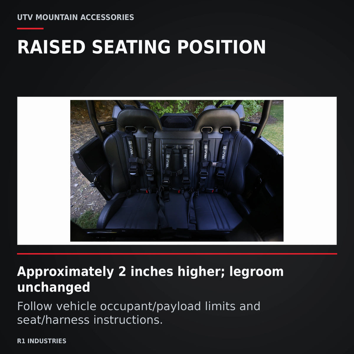 UTVMA Kawasaki KRX 4 Rear Bench Seat with Harnesses (2023+) — RAISED SEATING POSITION. Approximately 2 inches higher; legroom unchanged