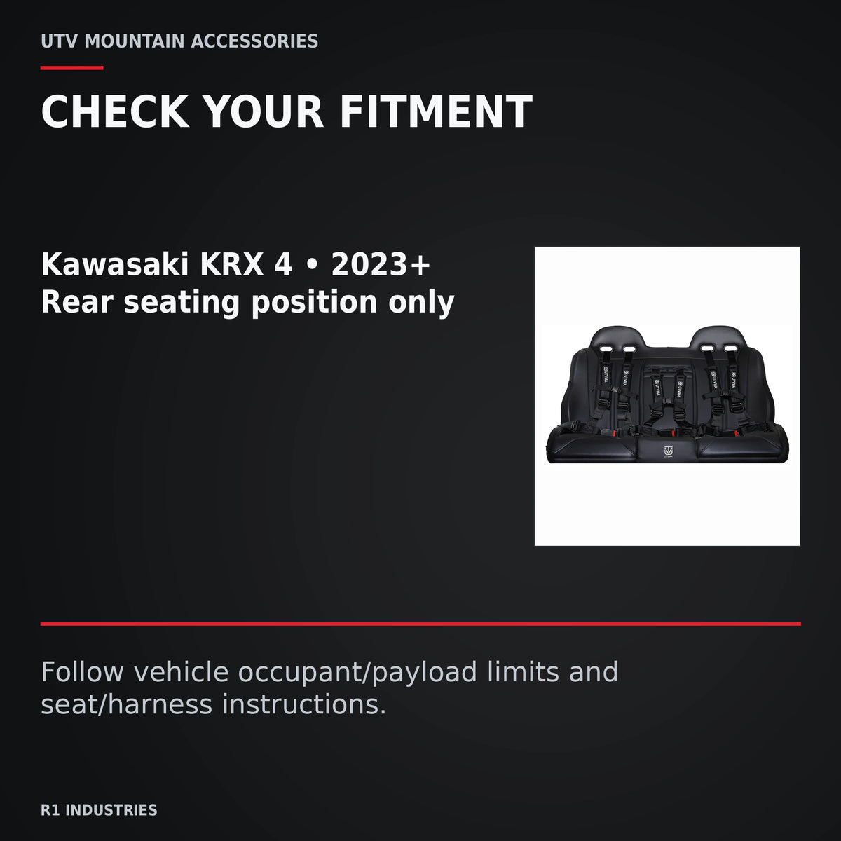 UTVMA Kawasaki KRX 4 Rear Bench Seat with Harnesses (2023+) — CHECK YOUR FITMENT. Kawasaki KRX 4 • 2023+; Rear seating position only