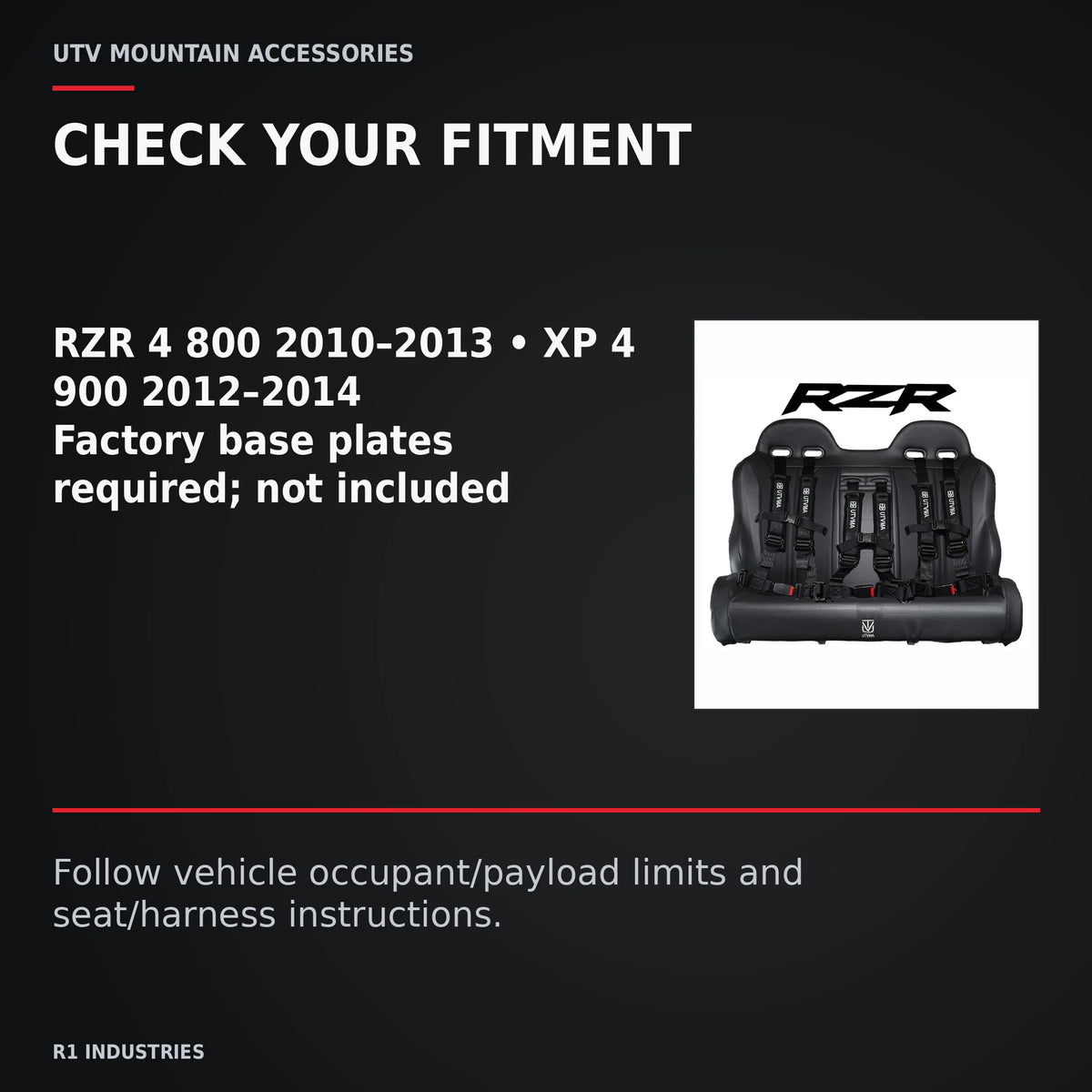UTVMA RZR 4 800 / 900 Rear Bench with Harnesses (2010–2014) — CHECK YOUR FITMENT. RZR 4 800 2010–2013 • XP 4 900 2012–2014; Factory base plates required; not included