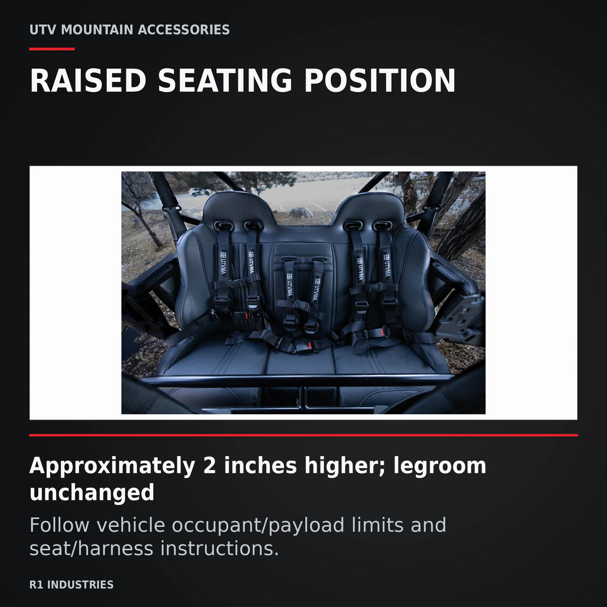 UTVMA Honda Talon 4 Rear Bench Seat with Harnesses — RAISED SEATING POSITION. Approximately 2 inches higher; legroom unchanged