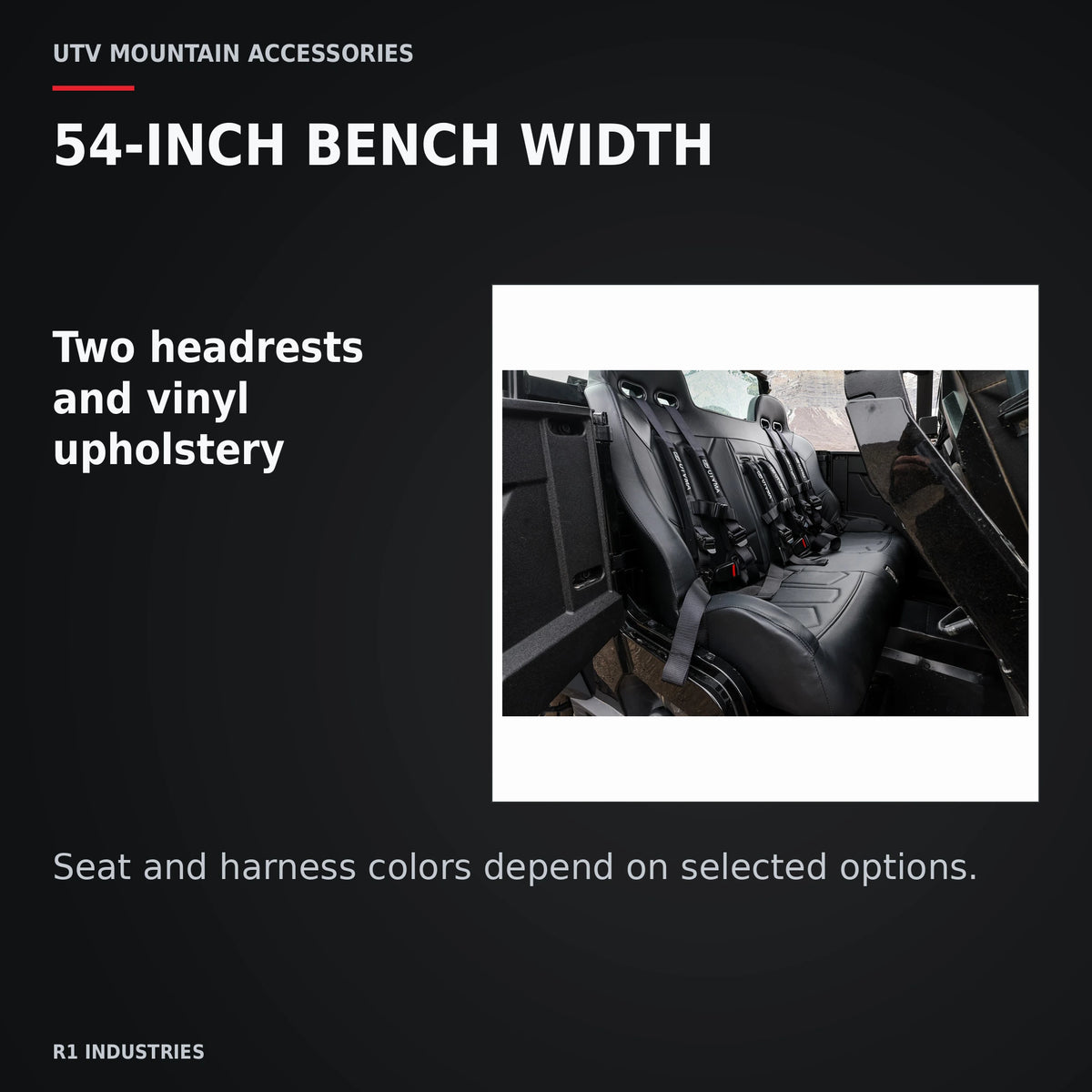 UTVMA Polaris General 4 1000 Rear Bench with Harnesses (2017+) — 54-INCH BENCH WIDTH. Two headrests and vinyl upholstery