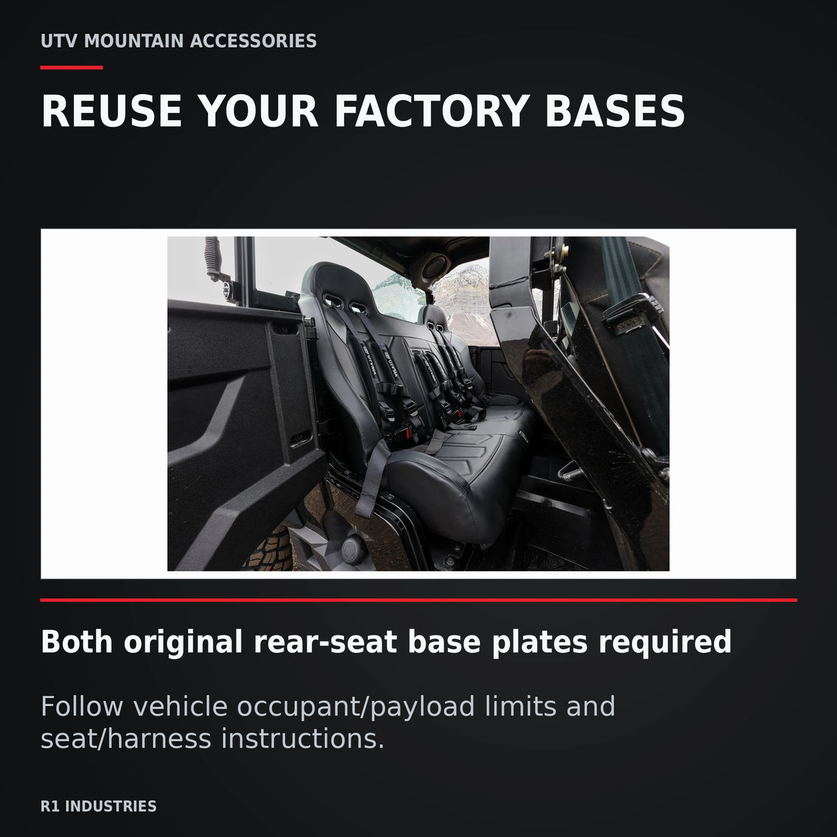 UTVMA Polaris General 4 1000 Rear Bench with Harnesses (2017+) — REUSE YOUR FACTORY BASES. Both original rear-seat base plates required