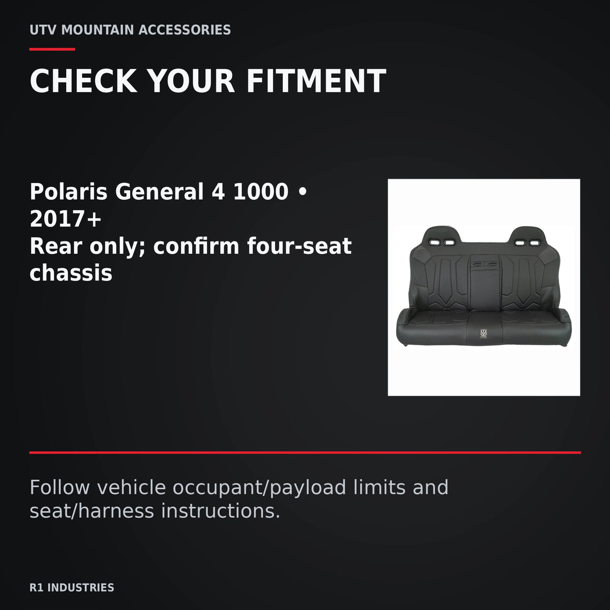 UTVMA Polaris General 4 1000 Rear Bench with Harnesses (2017+) — CHECK YOUR FITMENT. Polaris General 4 1000 • 2017+; Rear only; confirm four-seat chassis