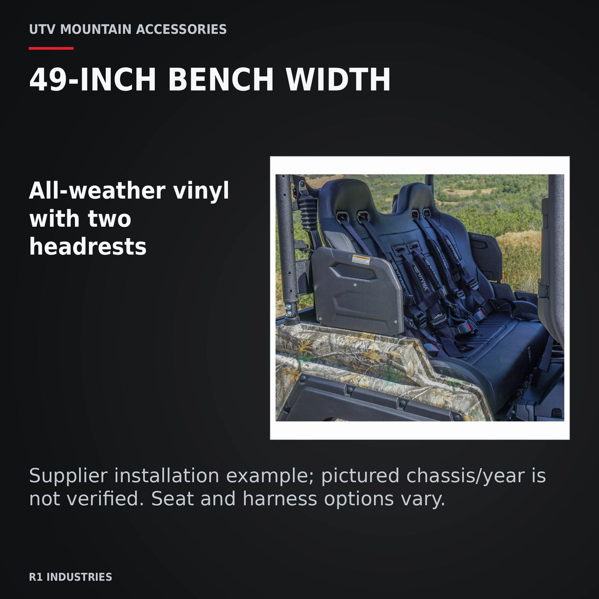 UTVMA Wolverine RMAX 4 Compact Rear Bench with Harnesses (2025+) — 49-INCH BENCH WIDTH. All-weather vinyl with two headrests
