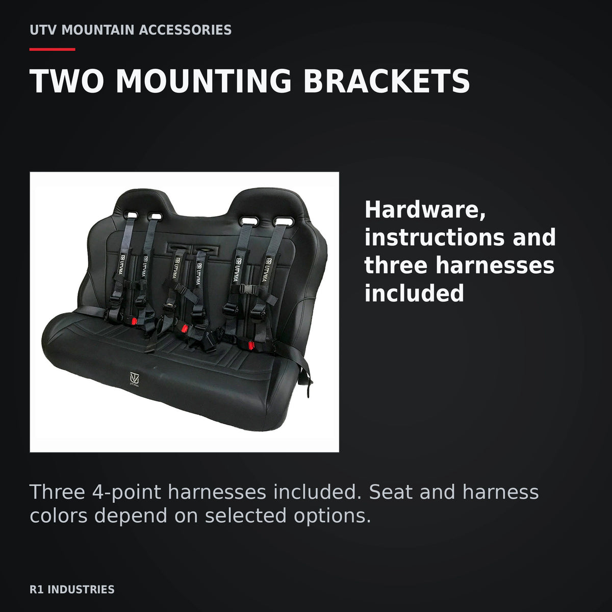 UTVMA Wolverine RMAX 4 Compact Rear Bench with Harnesses (2025+) — TWO MOUNTING BRACKETS. Hardware, instructions and three harnesses included