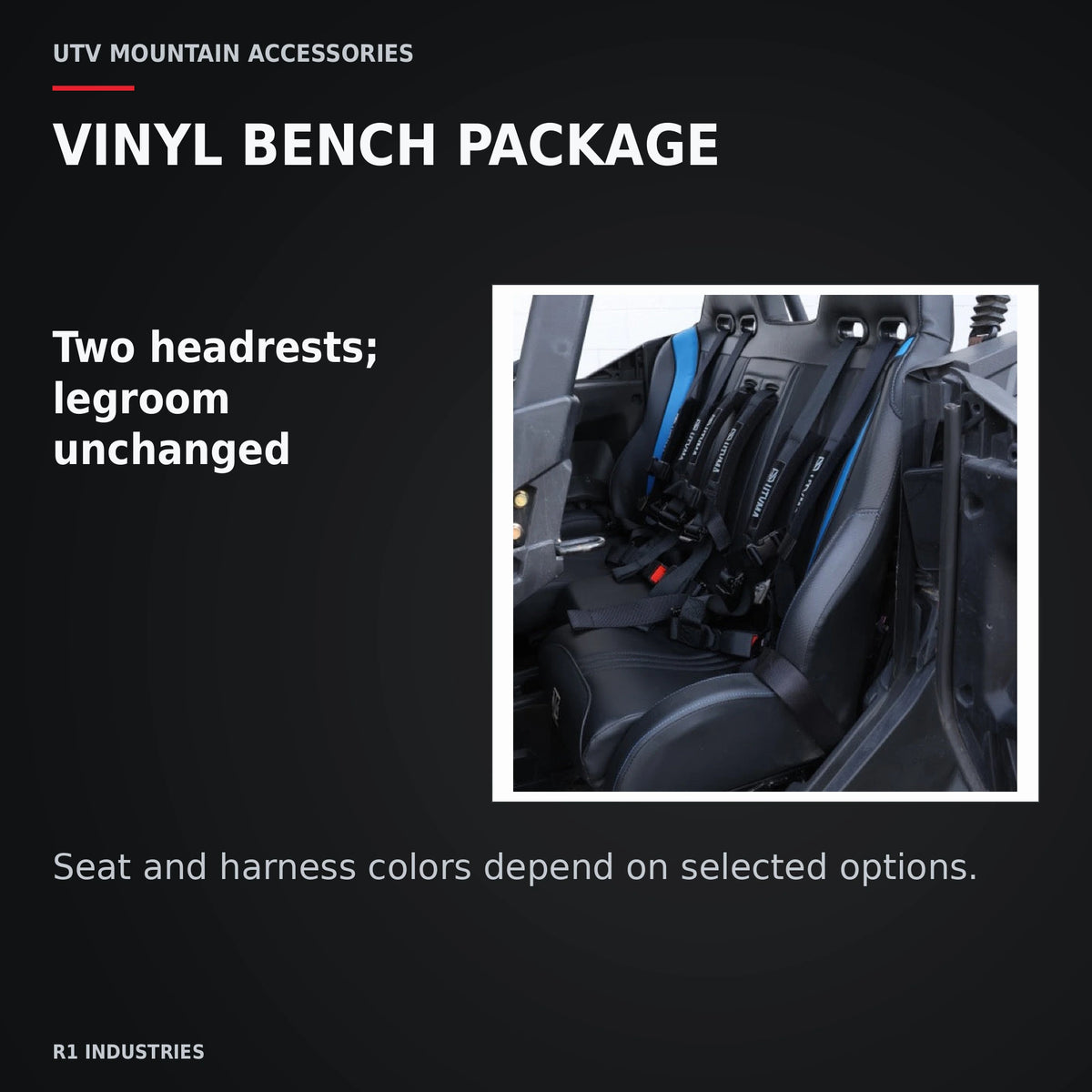 UTVMA Commander MAX Rear Bench with Harnesses (2021+) — VINYL BENCH PACKAGE. Two headrests; legroom unchanged