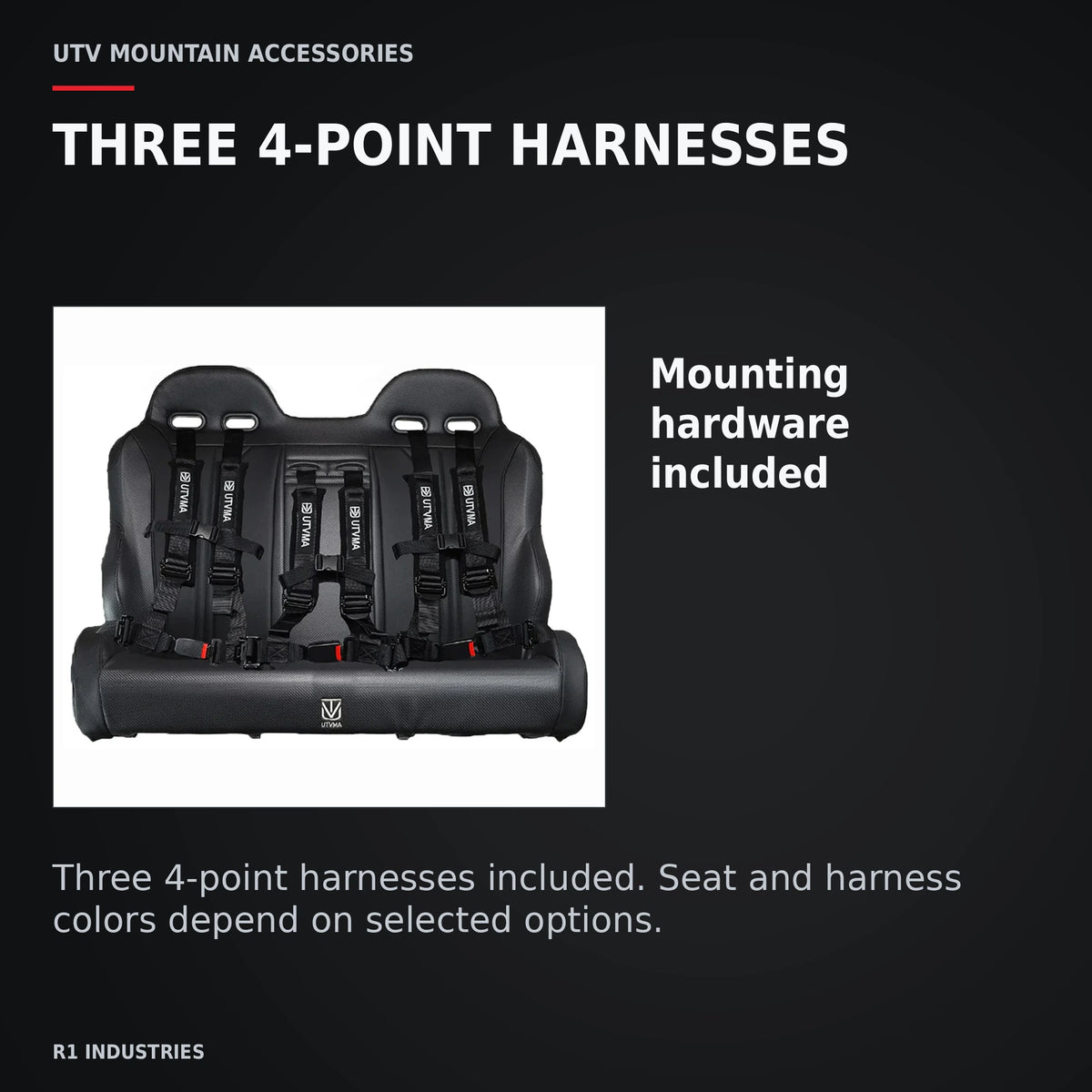 UTVMA Commander MAX Rear Bench with Harnesses (2021+) — THREE 4-POINT HARNESSES. Mounting hardware included