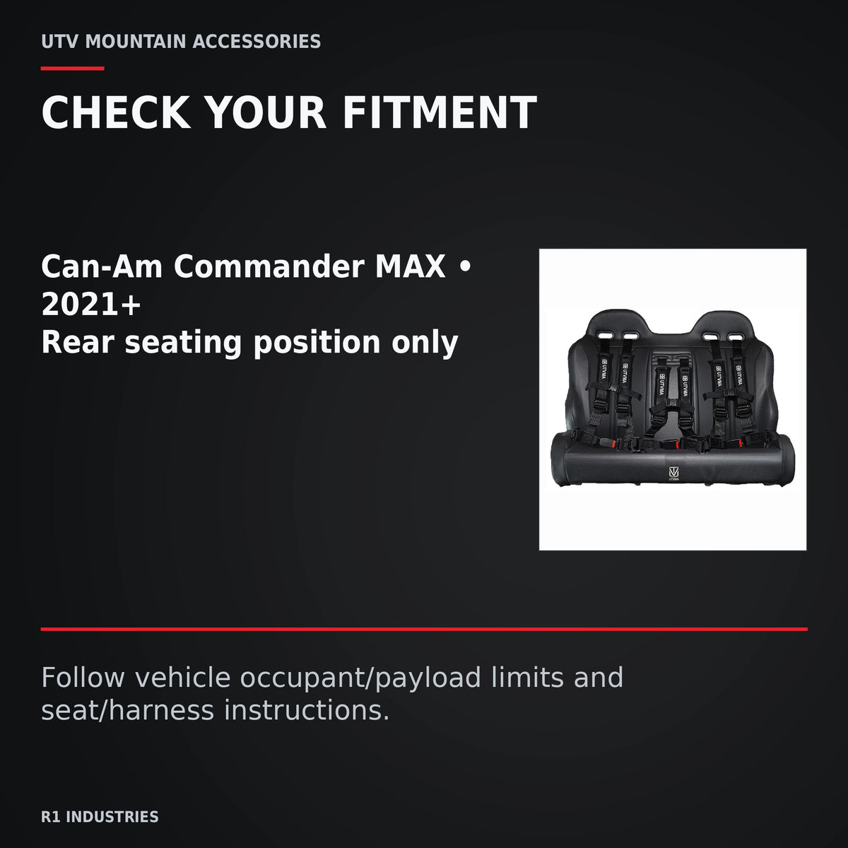 UTVMA Commander MAX Rear Bench with Harnesses (2021+) — CHECK YOUR FITMENT. Can-Am Commander MAX • 2021+; Rear seating position only