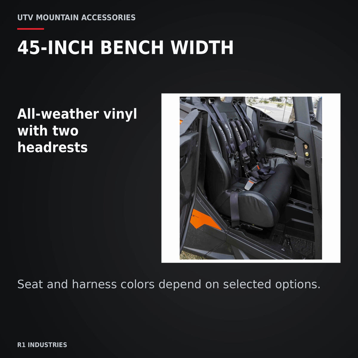 UTVMA Maverick Sport MAX Rear Bench with Harnesses (2019+) — 45-INCH BENCH WIDTH. All-weather vinyl with two headrests