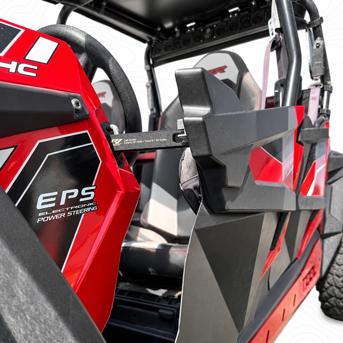 Polaris RZR door held open with an installed R1 Cab Cooler latch