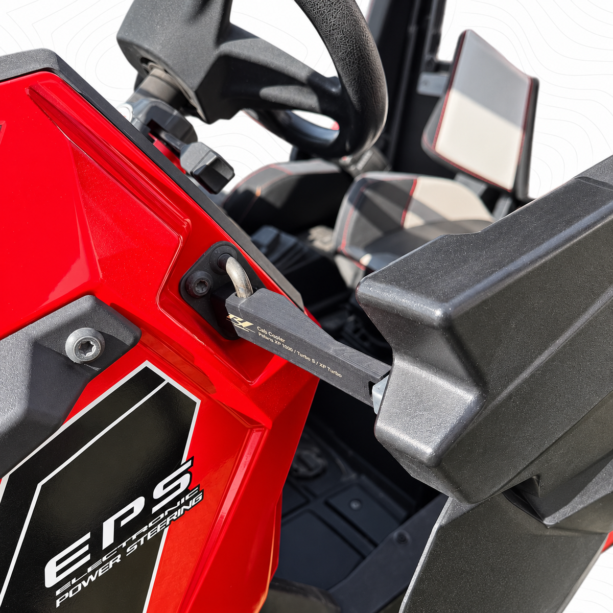 Top angle of R1 cab cooler latch attached to Polaris RZR door