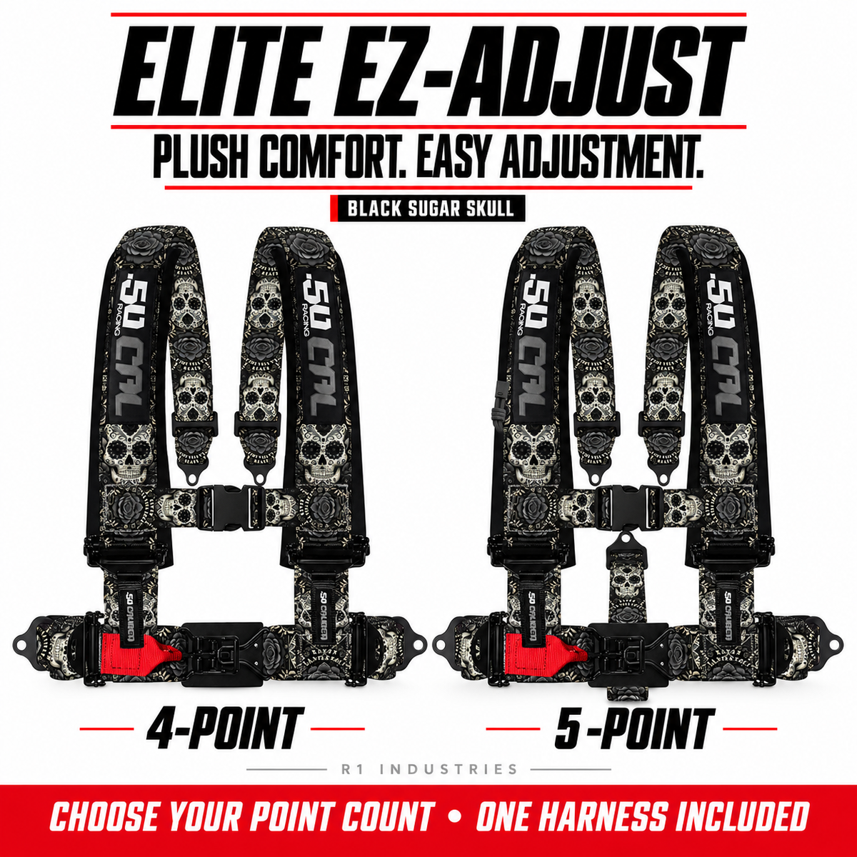 Elite EZ-Adjust Black Sugar Skull harness: 4-point and 5-point options; one selected harness included