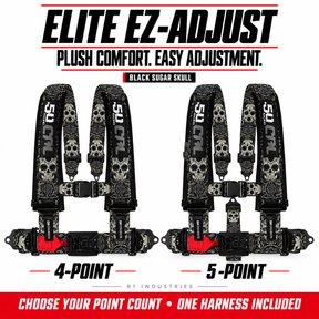 Elite EZ-Adjust Black Sugar Skull harness: 4-point and 5-point options; one selected harness included