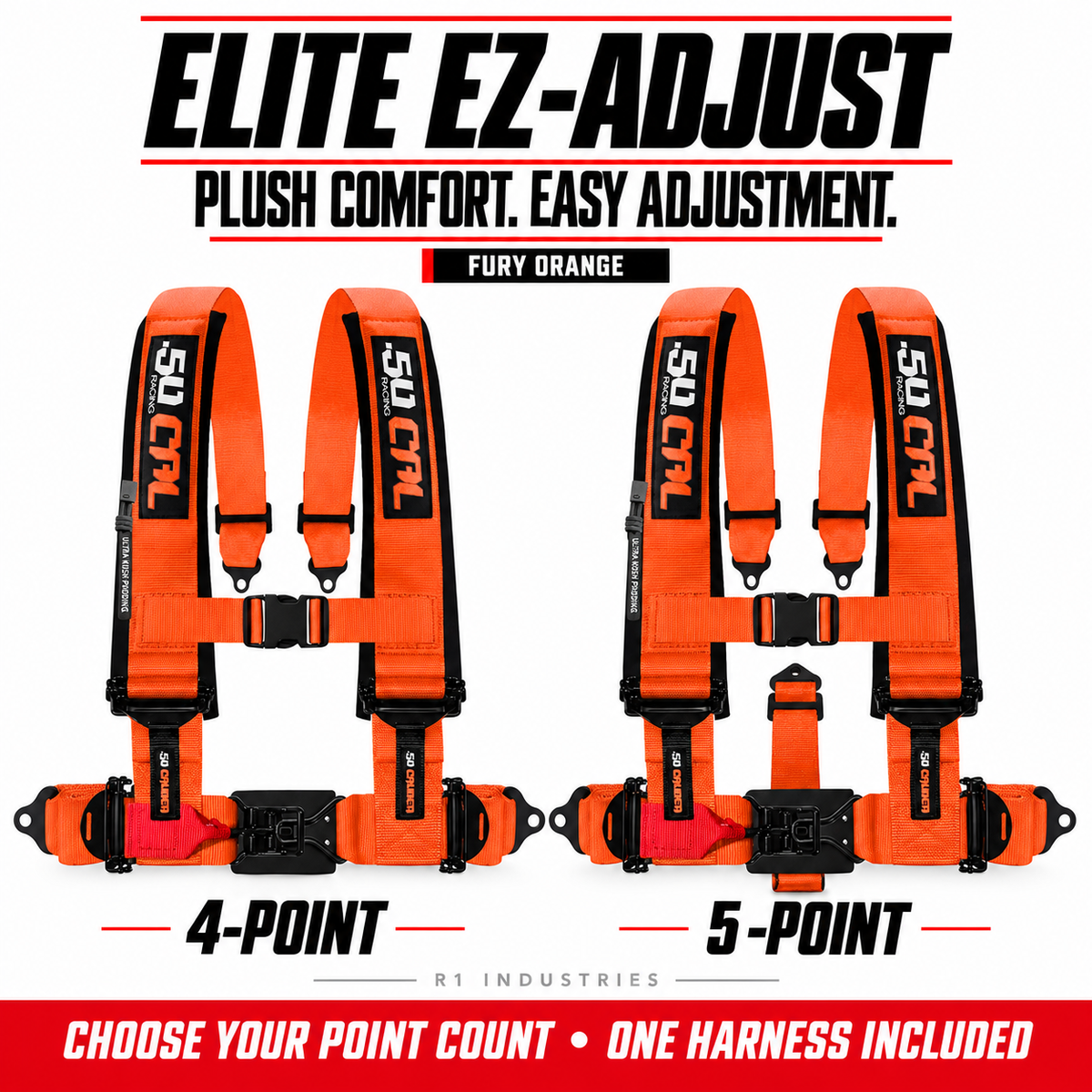 Elite EZ-Adjust Fury Orange harness: 4-point and 5-point options; one selected harness included