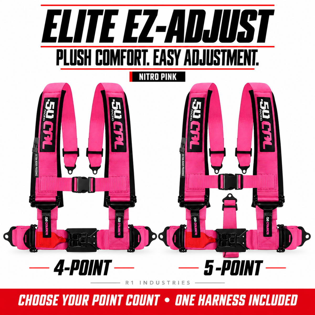 Elite EZ-Adjust Nitro Pink harness: 4-point and 5-point options; one selected harness included