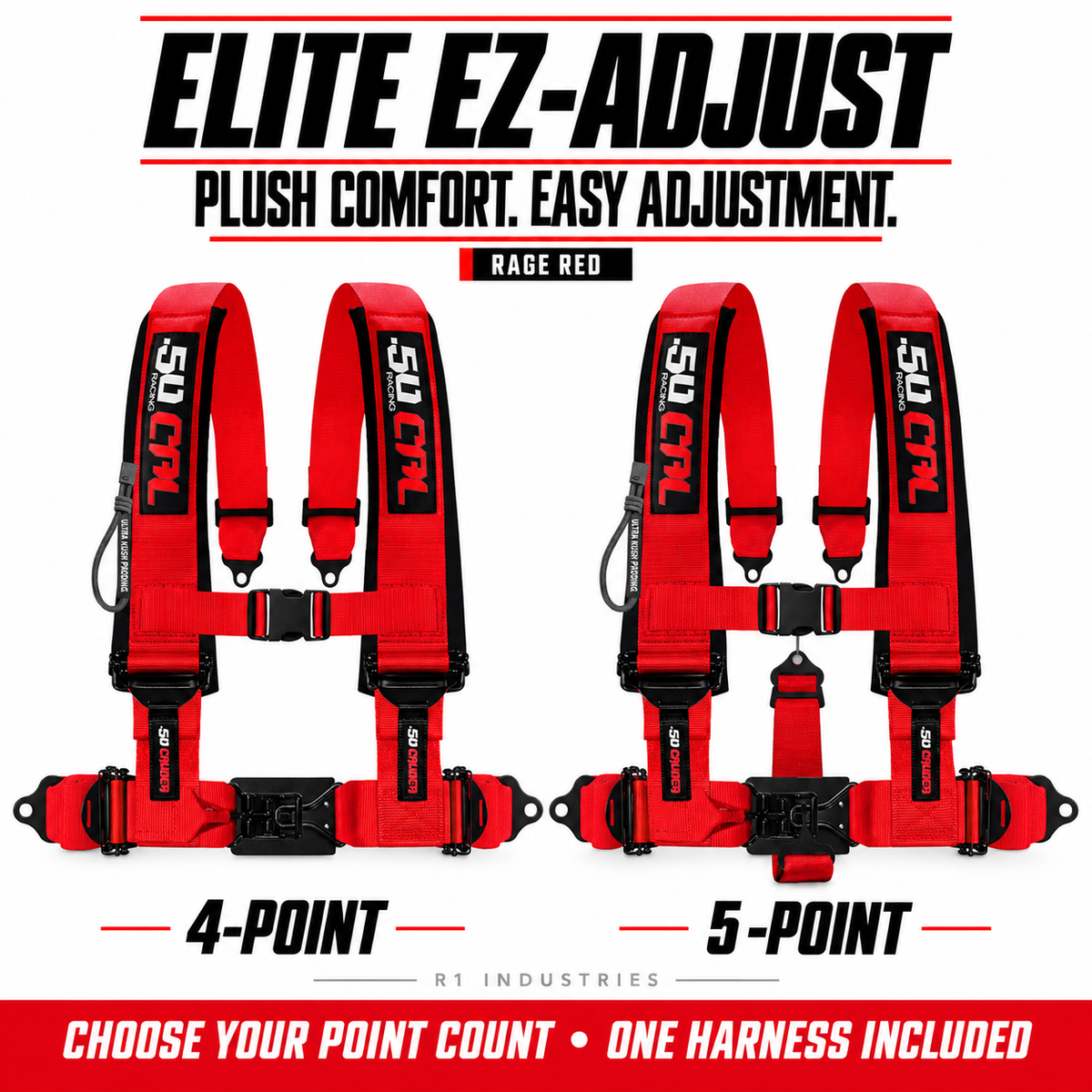 Elite EZ-Adjust Rage Red harness: 4-point and 5-point options; one selected harness included