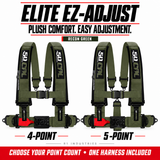 Elite EZ-Adjust Recon Green harness: 4-point and 5-point options; one selected harness included