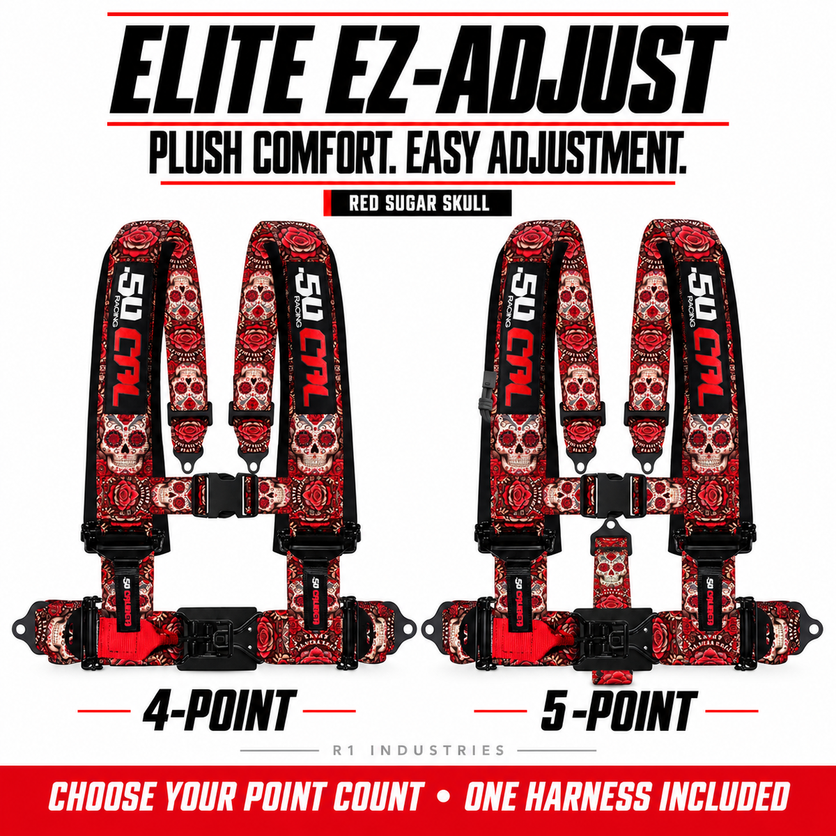 Elite EZ-Adjust Red Sugar Skull harness: 4-point and 5-point options; one selected harness included