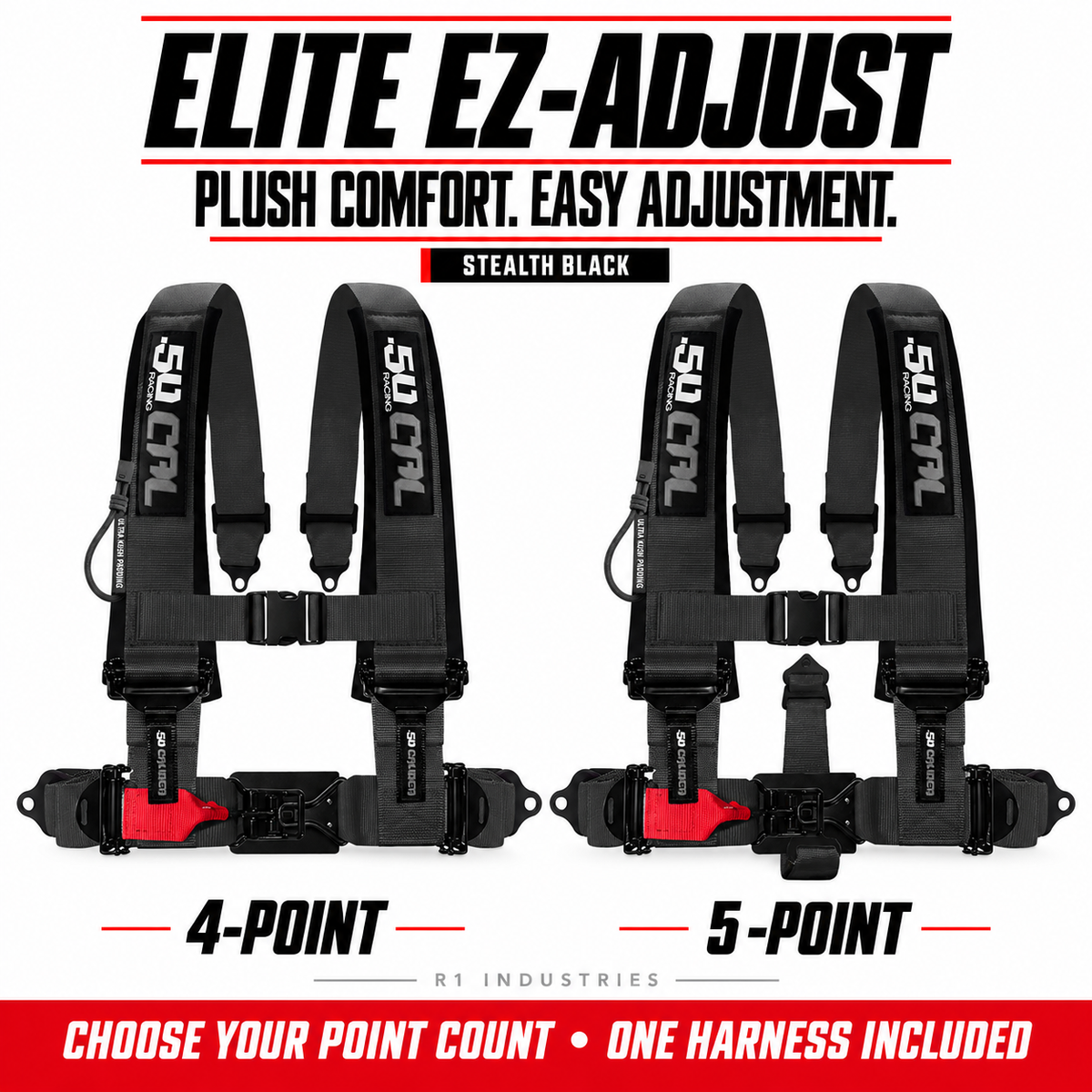 Elite EZ-Adjust Stealth Black harness: 4-point and 5-point options; one selected harness included