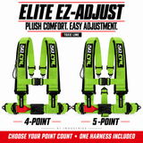Elite EZ-Adjust Toxic Lime harness: 4-point and 5-point options; one selected harness included