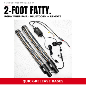 R1 Industries 2-foot Fatty RGBW LED whip pair with quick-release bases, Bluetooth and remote control