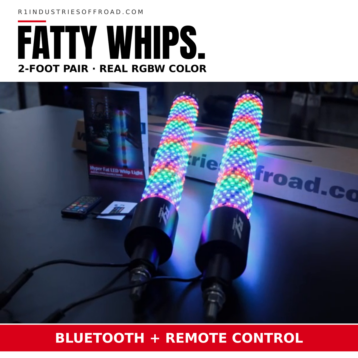 R1 Industries 2-foot Fatty RGBW LED whip pair illuminated in the R1 workshop