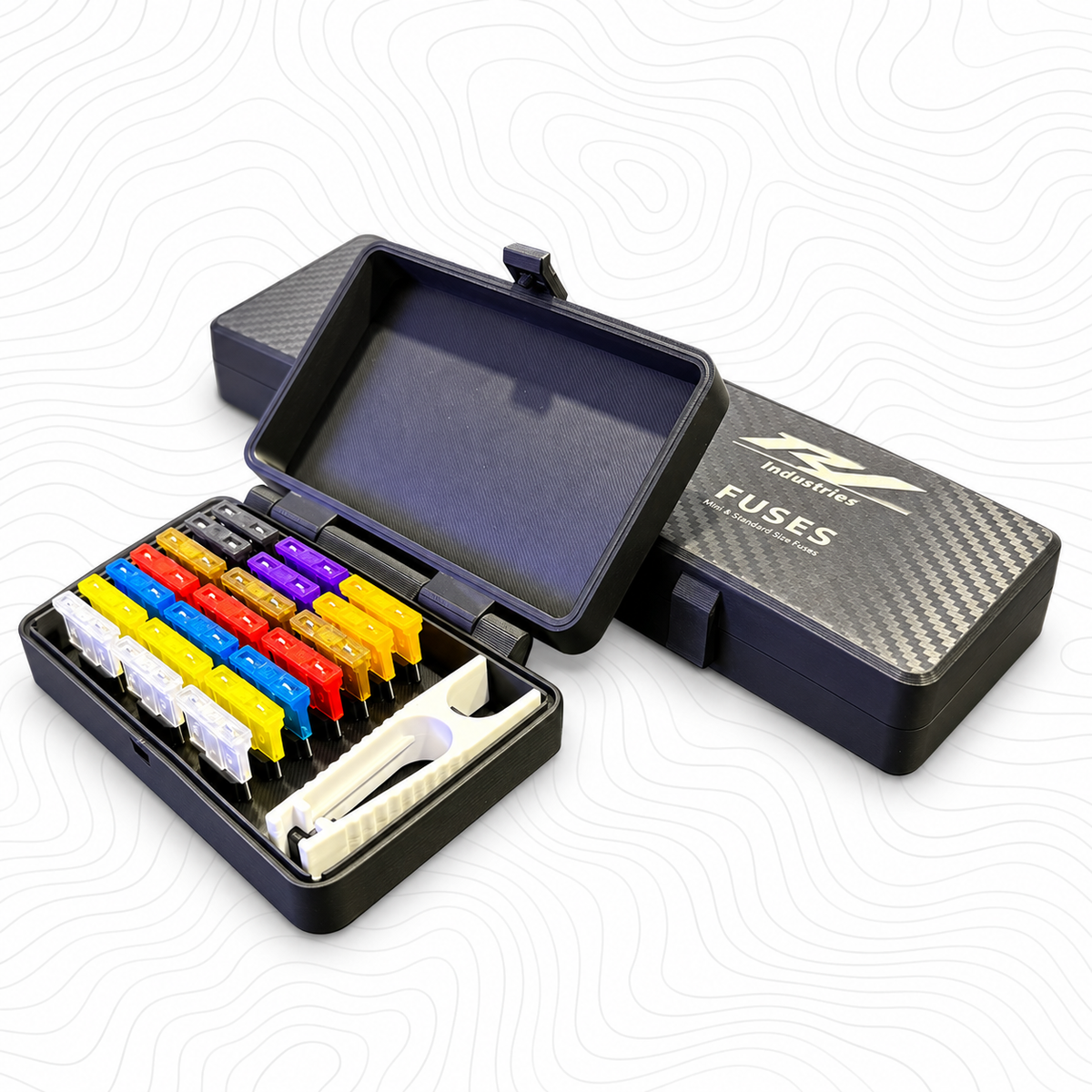 R1 fuse kit with open case, blade fuses and puller tool
