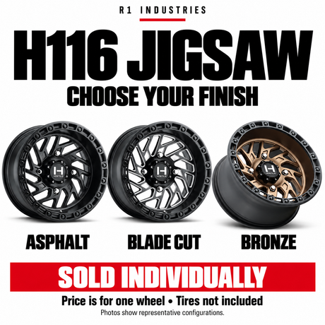 Hostile H116 Jigsaw UTV wheel — Asphalt / satin black, front view