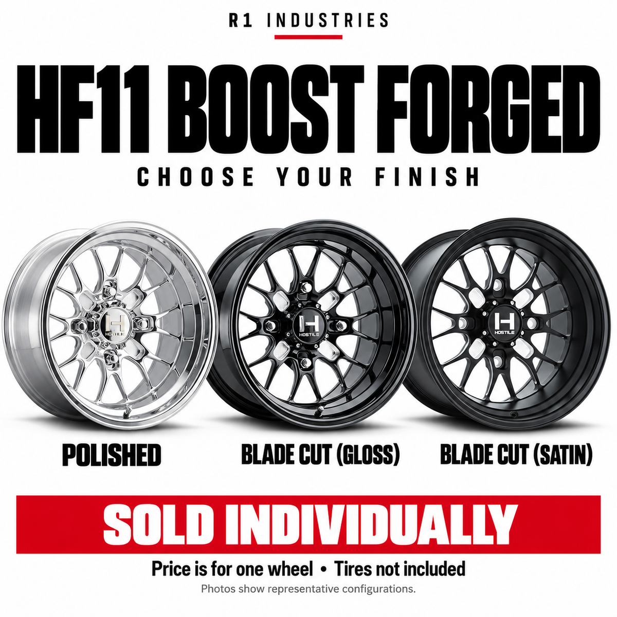 Hostile HF11 wheel design and finish guide — wheels sold individually; tires not included