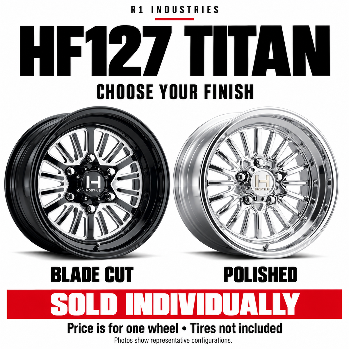 Hostile HF127 wheel design and finish guide — wheels sold individually; tires not included