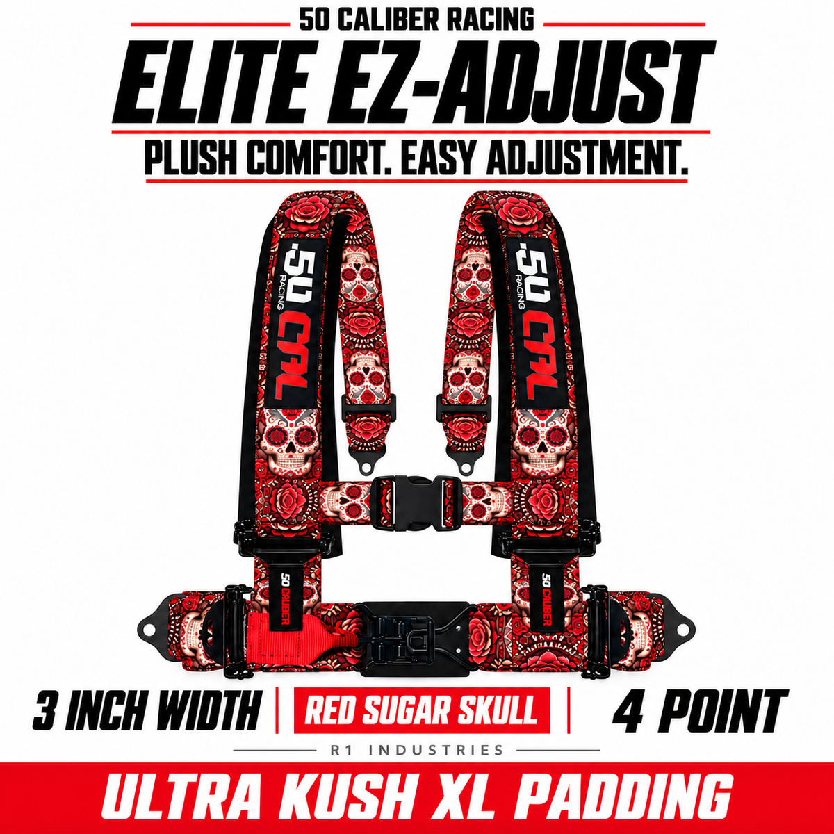 Elite EZ-Adjust 4/5-Point UTV Harness — 3" width / Red Sugar Skull / 4 Point