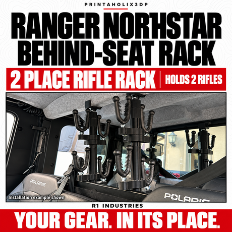 Polaris Ranger 900 / 1000 NorthStar 6-Seat Rifle Rack — Behind Front Seats — 2 Place Rifle Rack — Holds 2 Rifles — capacity selection; installation example