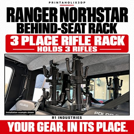 Polaris Ranger 900 / 1000 NorthStar 6-Seat Rifle Rack — Behind Front Seats — 2 Place Rifle Rack — Holds 2 Rifles — capacity selection; installation example