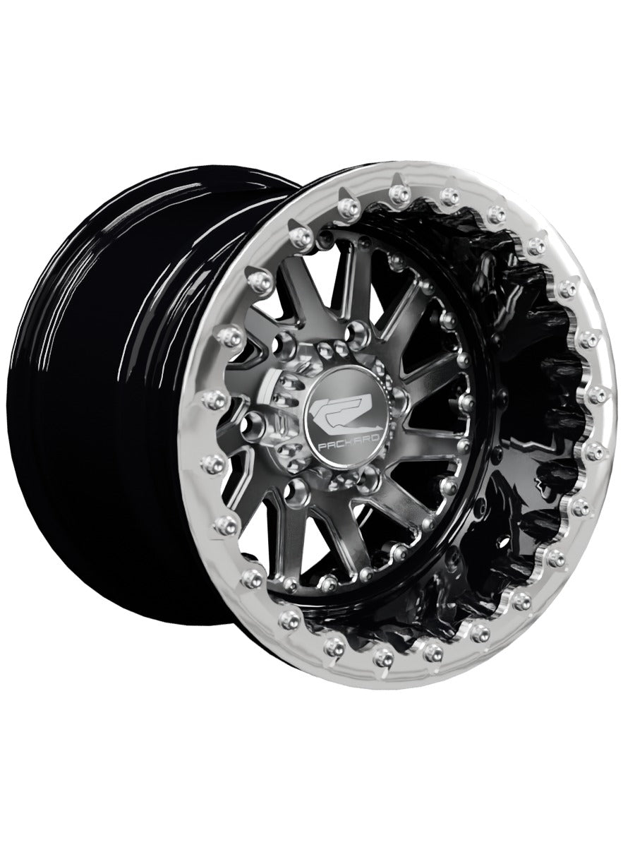 15″ Billet Aluminum Beadlock Wheel for Can-Am Maverick R (Packard Cyclone Silver) — Manufacturer studio configuration preview — cycl slv 139.7 blkb pblv1 11