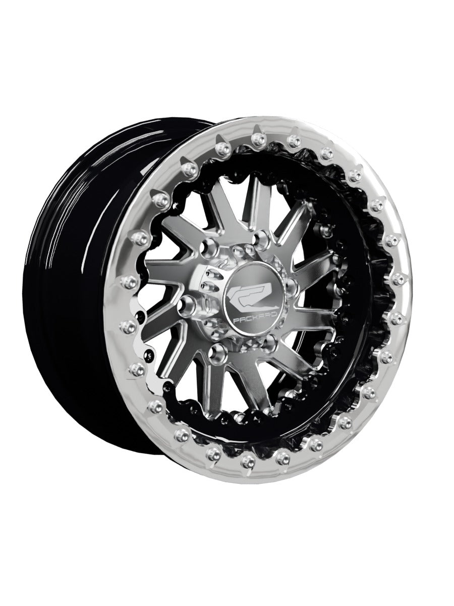 15″ Billet Aluminum Beadlock Wheel for Can-Am Maverick R (Packard Cyclone Silver) — Manufacturer studio configuration preview — cycl slv 139.7 blkb pblv1 7