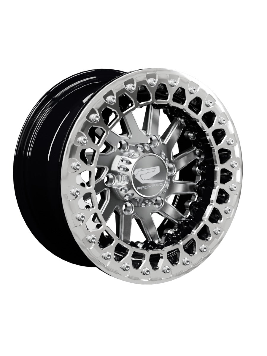 15″ Billet Aluminum Beadlock Wheel for Can-Am Maverick R (Packard Cyclone Silver) — Manufacturer studio configuration preview — cycl slv 139.7 blkb pblv3 7