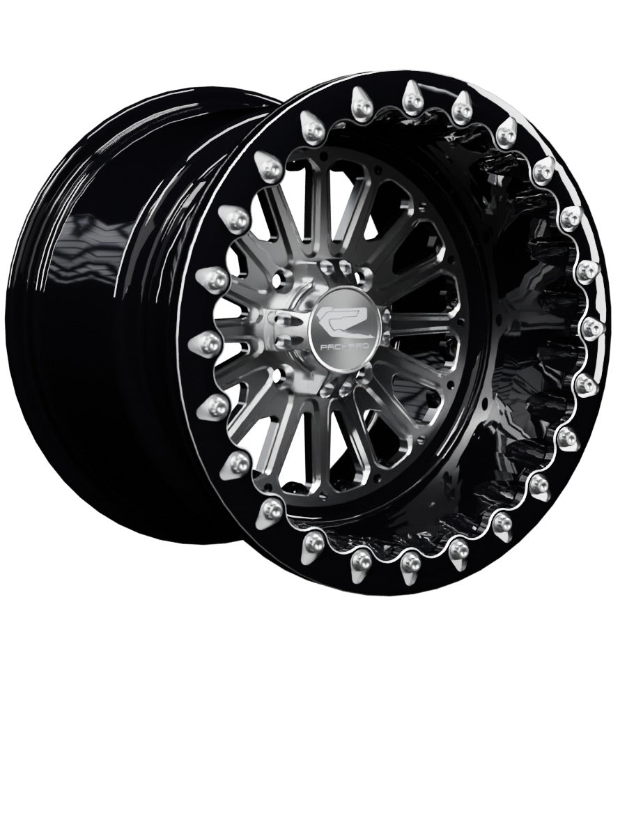 15″ Billet Aluminum UTV Beadlock Wheel (Packard Element Silver, 4x110) — Manufacturer studio configuration preview — elem slv 110 blkb blv1 11