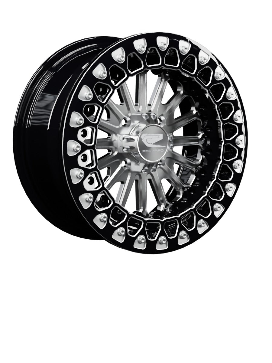 15″ Billet Aluminum UTV Beadlock Wheel (Packard Element Silver, 4x110) — Manufacturer studio configuration preview — elem slv 110 blkb blv3 7