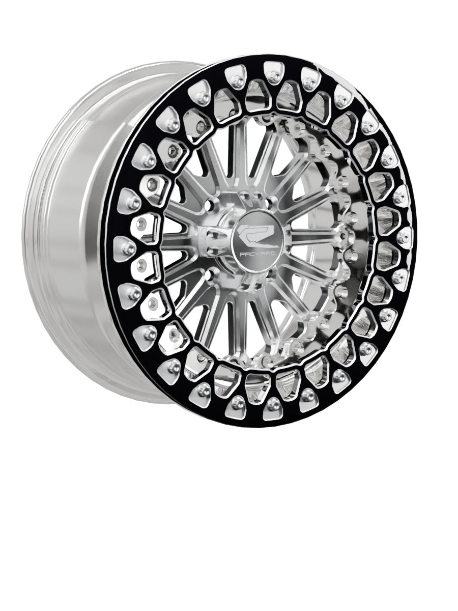 15″ Billet Aluminum UTV Beadlock Wheel (Packard Element Polished Silver, 4x110) — Manufacturer studio configuration preview — elem slv 110 polb blv3 7
