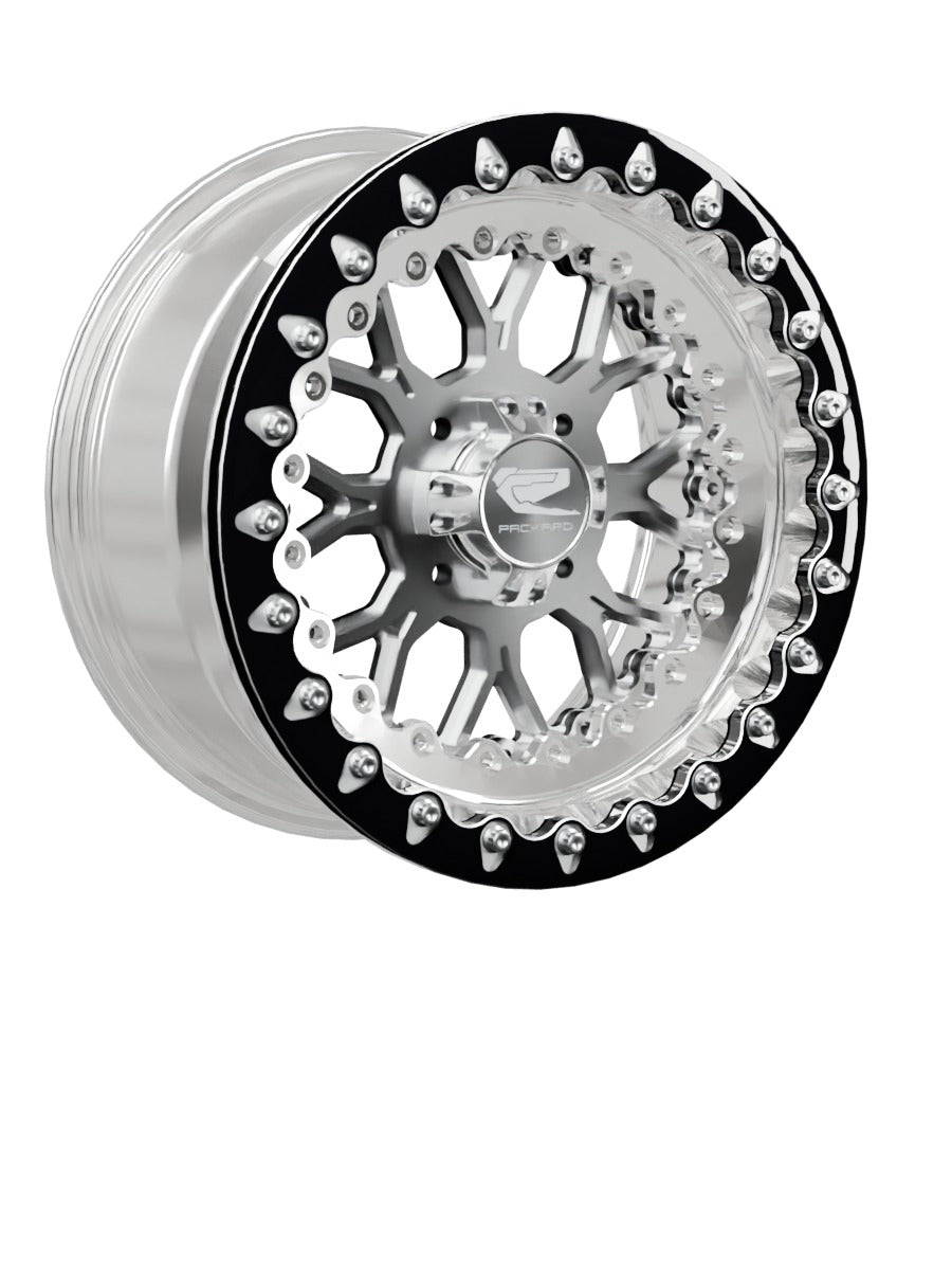 15″ Billet Aluminum UTV Beadlock Wheel (Packard Wishbone Polished Silver, 4x110) — Manufacturer studio configuration preview — wb slv 110 polb blv1 7